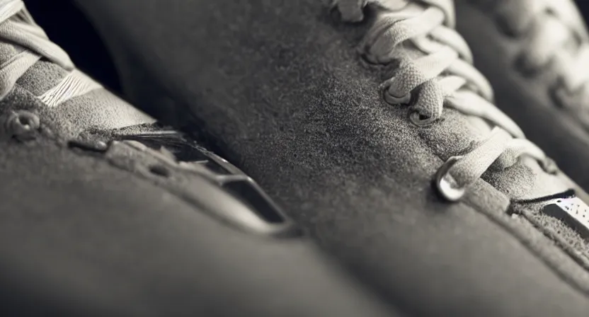 Image similar to close up on worn out running shoes running on a treadmill. cinematic lighting. dark. moody. octane render. subdued grey tones.