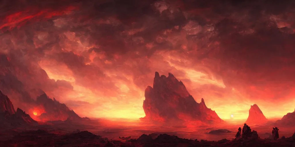 Image similar to fifth circle of hell, dante's inferno, landscape, cinematic, dramatic, very detailed, far horizon, volumetric, by eugene delacroix, artstation, jessica rossier, octane render, vivid, angry red sky, demons flying overhead