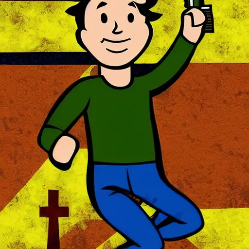 Image similar to fallout 4 digital art poster of vault boy holding uranium