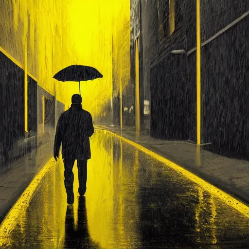 Prompt: A dramatic portrait painting of a man wearing yellow rain coat , walking in a black and white street . Cinematic lighting