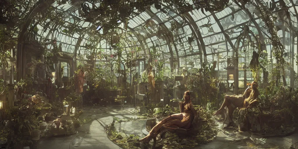 Image similar to octane render, ultra photorealistic, hyper detailed, unreal engine, a breathtaking sci - fi gothic victorian greenhouse terrarium with amber liquid containers perserving human bodies. artwork by guillermo del toro, james cameron, greg rutkowski, alphonse mucha, james gurney inspired by blade runner 2 0 4 9