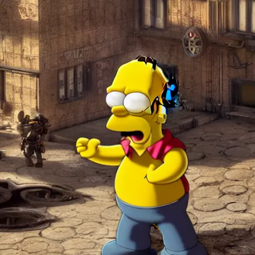 Image similar to Homer Simpson in Gears of War, splash art, movie still, cinematic lighting, dramatic, octane render, long lens, shallow depth of field, bokeh, anamorphic lens flare, 8k, hyper detailed, 35mm film grain