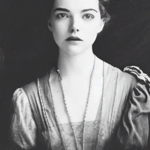 Image similar to headshot edwardian photograph of anya taylor - joy, natalie portman, emma stone, 1 9 2 0 s film actress, realistic face, ethereal, 1 9 1 0 s, grainy, victorian, soft blur