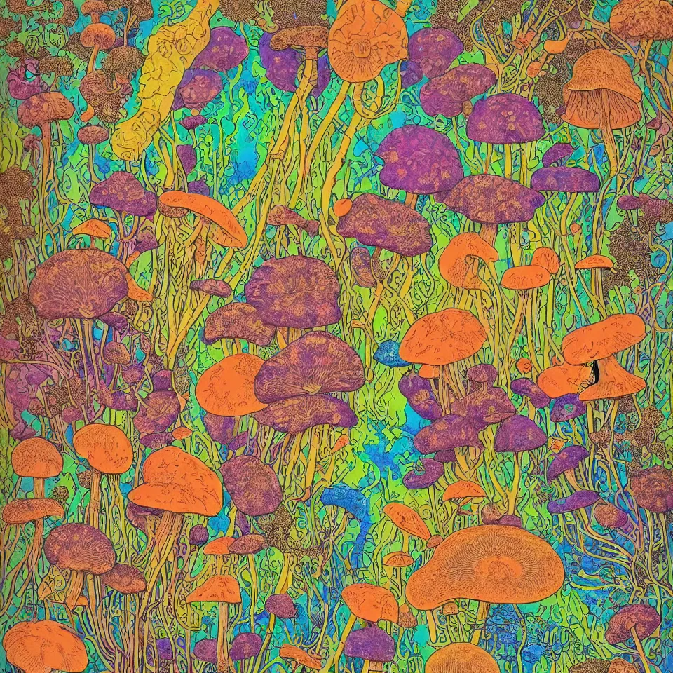 Prompt: colorful print of mycelium and fungi botanical artwork, multicolor lino block print with vignettes, created by ernst haeckel, greg hildebrandt, mary delany, tiffany bozic in the style of painting toon shades, colorful ink, vibrant, pastel, color vector, smooth curves, graphical, detailed, trending in art station