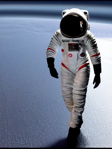 Prompt: hybrid fashion model astronaut, dress by alexander mcqueen, walking down a catwalk, photorealism, 4 k