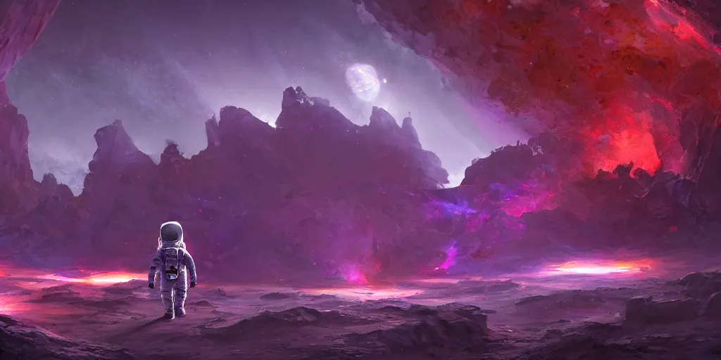 Image similar to one small astronaut standing in the ruins of crux prime, purple fiery maelstrom in the distance, digital art, artstationhq