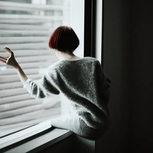 Prompt: a woman sitting on a window sill looking out the window, hands on cheeks, grey sweater, a stock photo by chen jiru, tumblr, aestheticism, movie still, pretty, pixiv