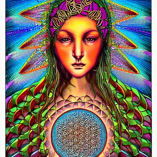 Prompt: flower of life godess portrait in the style of Alex grey