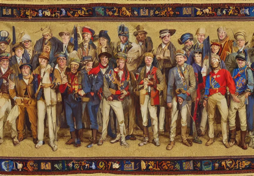 Prompt: a tapestry of men with fezes standing in ranks