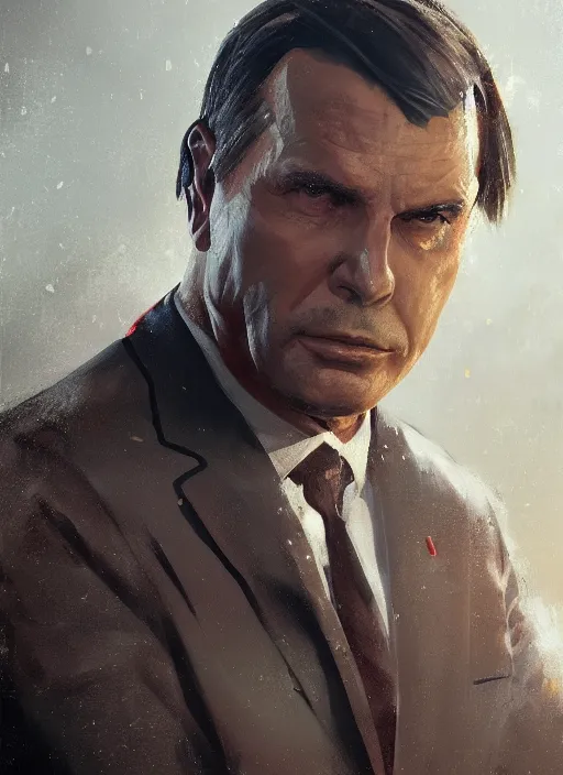 Image similar to A portrait of bolsonaro by Greg Rutkowski, Sung Choi, Mitchell Mohrhauser, Maciej Kuciara, Johnson Ting, Maxim Verehin, Peter Konig, final fantasy, 8k photorealistic, cinematic lighting, HD, high details, dramatic, atmospheric , trending on artstation