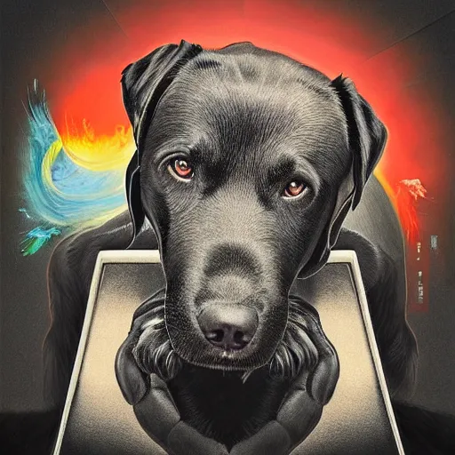 Image similar to epic album cover, black lab, tending on artstation, award - winning art