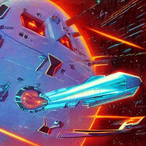 Prompt: starship destroyed by laser beam shot by another starship, 1 9 8 0 s concept art, vintage, high saturation colors, high quality, hand drawn