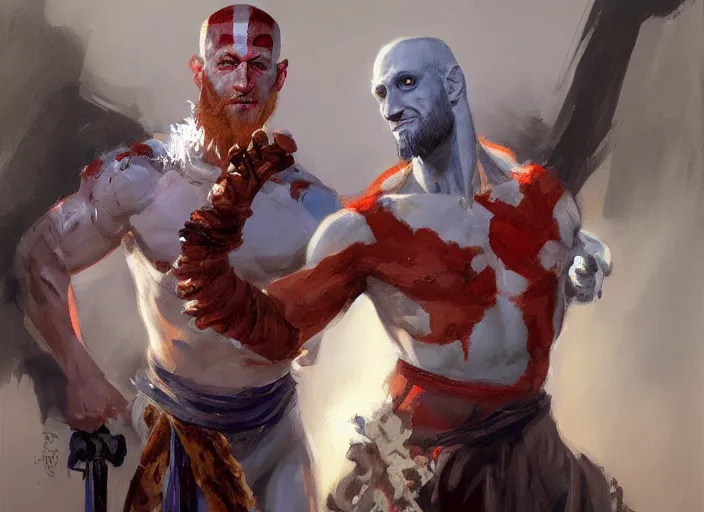 Image similar to a highly detailed beautiful portrait of mark zuckerberg as kratos, by gregory manchess, james gurney, james jean