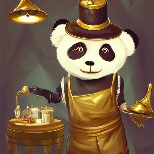 Image similar to Anthropomorphized panda trader in his shop, selling his wares, portrait, items, gold, magic potions, carpet, window, fancy hat, sly expression , cunning expression, cute expression, long thick shiny gold beak, presenting wares, holding a gold bag, D&D, fantasy, cinematic lighting, highly detailed, digital painting, artstation, concept art, smooth, sharp focus, illustration, warm light, cozy warm tint, magic the gathering artwork, volumetric lighting, 8k, art by Akihiko Yoshida, Greg Rutkowski