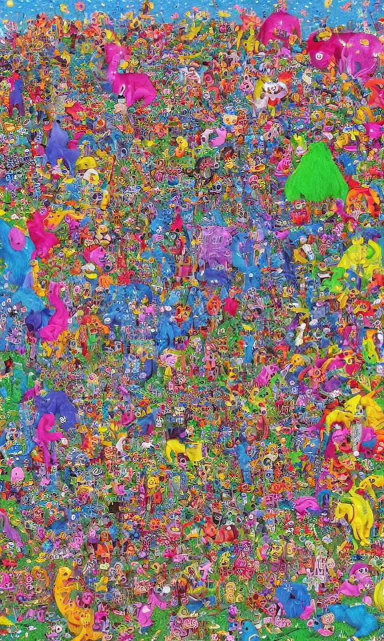 Image similar to an incredibly detailed masterpiece made out of pipecleaners of a I SPY puzzle by bosch and lisa frank, ornate, beautiful, bold colors, detailed, high resolution, wow!, intricate