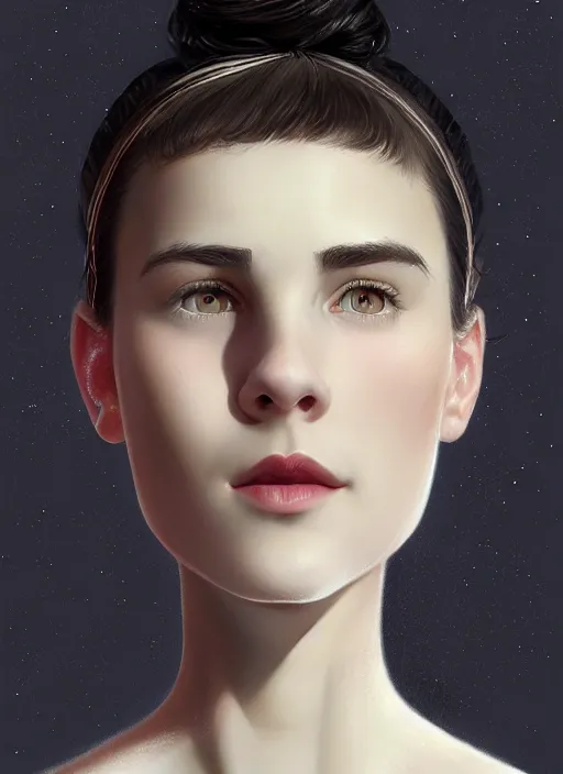 Image similar to portrait of white teenage girl, narrow face, short black hair and eyebrows, bangs, half updo hairstyle, buck toothed smile, unattractive, defined jawline, long chin, wearing hair bow, intricate, elegant, glowing lights, highly detailed, digital painting, artstation, sharp focus, illustration, art by wlop, mars ravelo and greg rutkowski