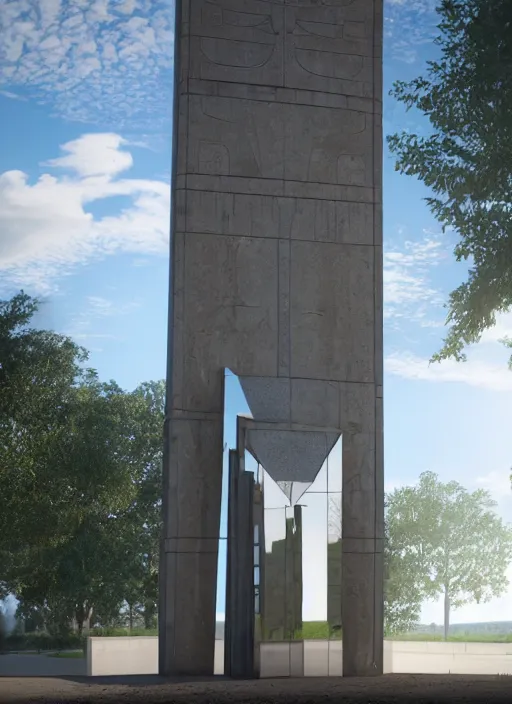 Prompt: highly detailed realistic architecture 3 d render of a mirrored stele monument in frank gahry style standing on a side of a highway, archdaily, made in unreal engine 4 octane render