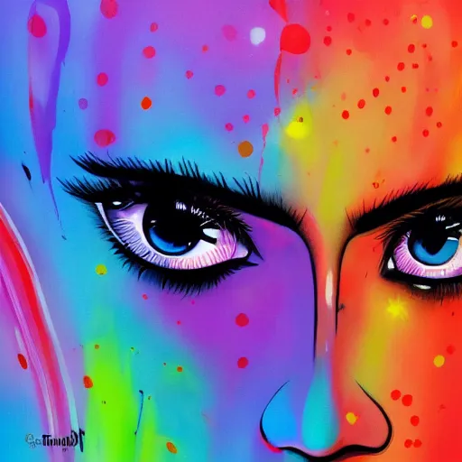 Image similar to beautiful face of girl in style spotty pointism with three eyes, super bright colors, colored spots, mixed liquid acrylic, painting come to life, artstation, ultradetail