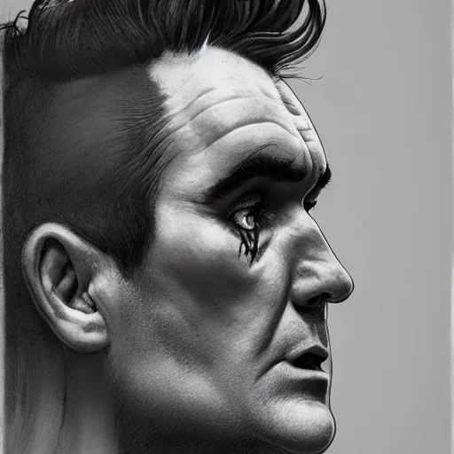 Image similar to side view of morrissey as a zombie with cuts and with a large quiff and thick eyebrows and warm brown lighting, 7 days to die zombie, realistic proportions, fine art, award winning, intricate, elegant, sharp focus, cinematic lighting, digital painting, 8 k concept art, art by brom, art by michael hussar, 8 k