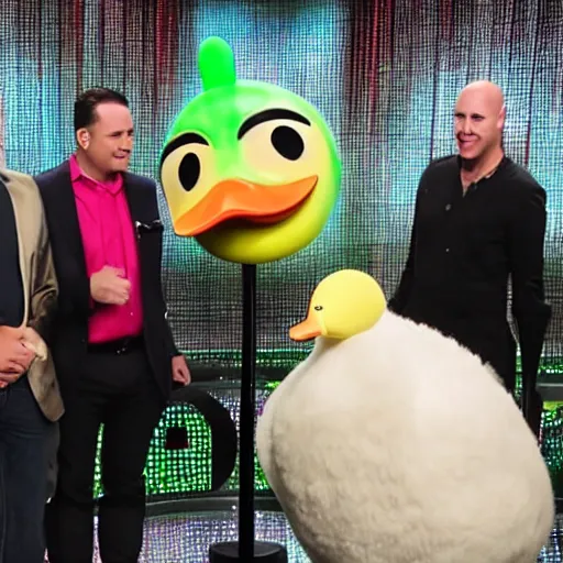 Image similar to tv show bald contestant with giant ears winning a duck on tv show wheel or no wheel