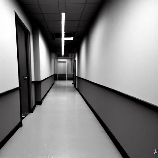 Prompt: an empty office hallway, dim, craigslist photo