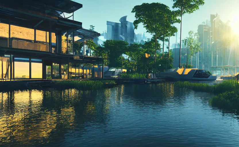 Prompt: photorealistic cyberpunk lakehousein a lush dessert oasis. daylight. sunlight. lens flare. light fixtures. 8K. detailed. photorealism. artstation. 25mm f/1.7 ASPH Lens. ultra realistic