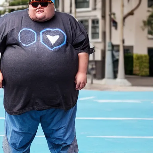 Image similar to very obese man with a t-shirt and blue cap with the letter P, skateboarding