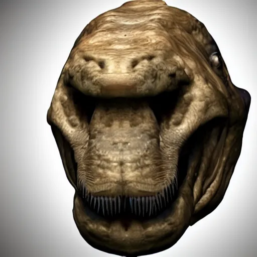 Prompt: face of a human tyrannosaurus hybrid