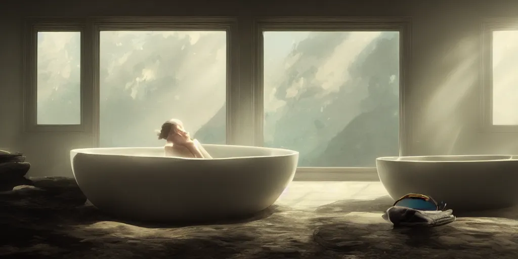 Image similar to a bathtub, detailed oil painting, cinematic angle, hyperrealistic, breathtaking, volumetric lighting, cinematic lighting, dynamic, Studio Ghibli, digital art, octane render, epic composition, trending on artstation, masterpiece