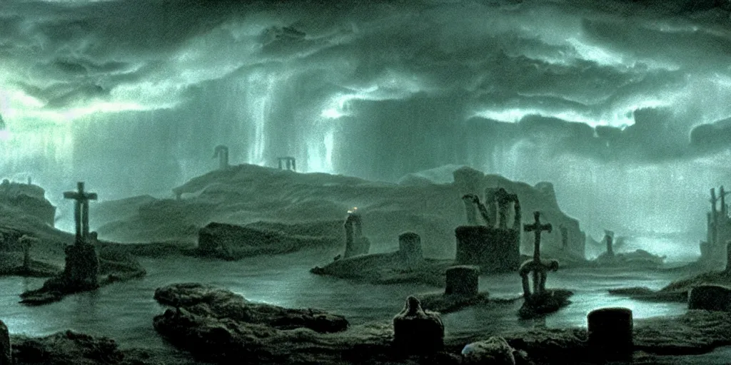 Image similar to eerie, greek fantasy landscape, styx the river of the dead, a giant smiling translucent shining ghost figure in the stormy clouds, stanley kubrick movie frame