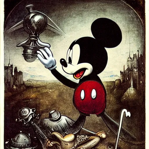 Prompt: Mickey mouse as a dark souls boss by Hieronymus Bosch