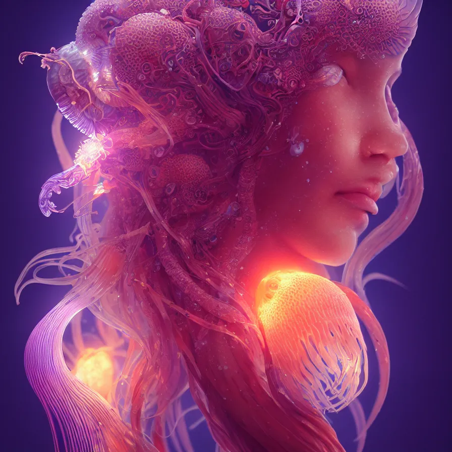 Image similar to goddess close-up portrait. orchid jellyfish phoenix head, nautilus, skull, betta fish, bioluminiscent creatures, intricate artwork by Tooth Wu and wlop and beeple. octane render, trending on artstation, greg rutkowski very coherent symmetrical artwork. cinematic, hyper realism, high detail, octane render, 8k