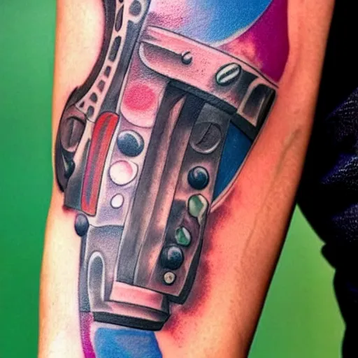 Prompt: arm tattoo of a hole in the skin with multicolored robotic mechanics inside under the skin, insanely integrate, 3 d