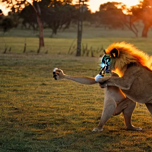 Prompt: lion slap boxing a kangaroo, savannah, national geographic, golden hour, 3 5 mm