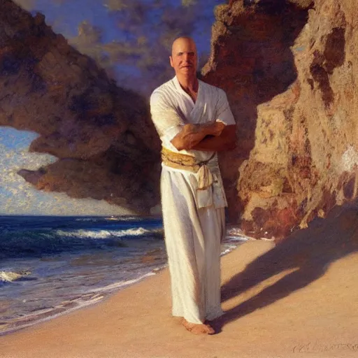 Image similar to detailed cinematic shot of jeff bezos with white clothes in the mediterranean beach, spring light, painting by gaston bussiere, craig mullins, j. c. leyendecker