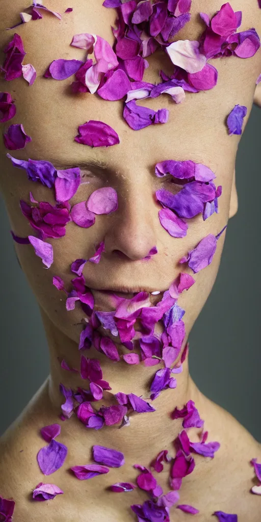 Image similar to a closeup photograph of a beautiful human body, skin made of flower petals, no face, highly detailed, hyperrealism