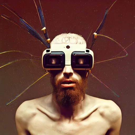 Image similar to Colour Caravaggio and DaVinci style full body portrait Photography of Highly detailed Man with 1000 years old perfect face wearing highly detailed sci-fi VR headset designed by Josan Gonzalez. Many details In style of Josan Gonzalez and Mike Winkelmann and andgreg rutkowski and alphonse muchaand and Caspar David Friedrich and Stephen Hickman and James Gurney and Hiromasa Ogura. Rendered in Blender and Octane Render volumetric natural light