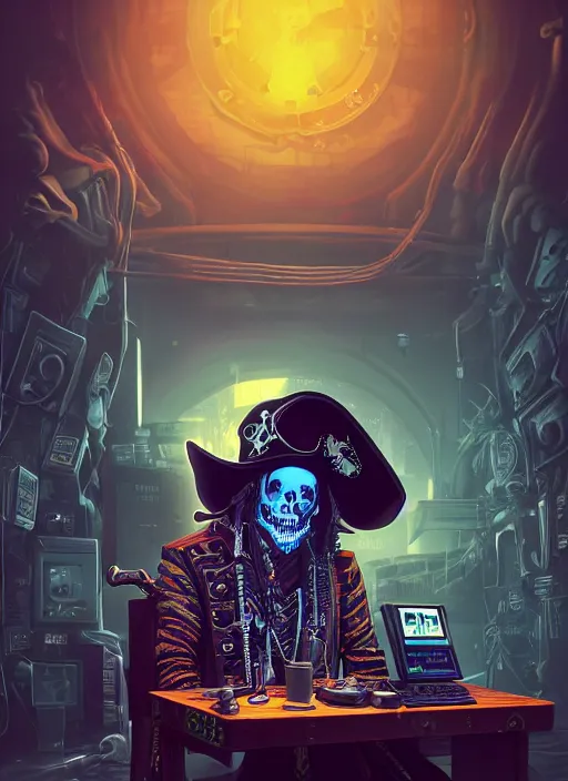 Image similar to a cyberpunk hacker pirate captain skeleton with a pirate hat sitting in front of a huge old crt monitor in a dark room, highly detailed, intricate, digital art, trending on artstation, trending on cgsociety