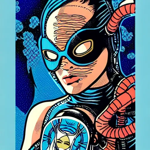 Image similar to a tarot card design of a female diver with a oxygen mask intricate detailed mask with front profile by MARVEL comics and Sandra Chevrier