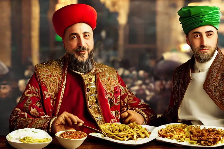 Image similar to Ottoman Sultan Mehmet IV eating shawarma in a restaurant in Downtown New York, wearing big ovular turban and a luxurious Ottoman coat, green eyes, super realistic facial features, detailed face, Ottoman Sultanate, cheerful, expressive, photorealistic, hyperrealism, micro details, HDR Shot