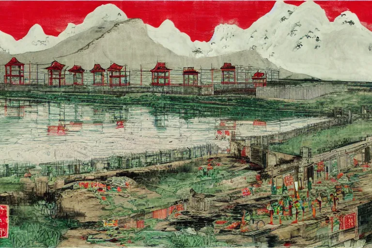 Image similar to a chinese prison near a river by peter doig, overlaid with chinese adverts