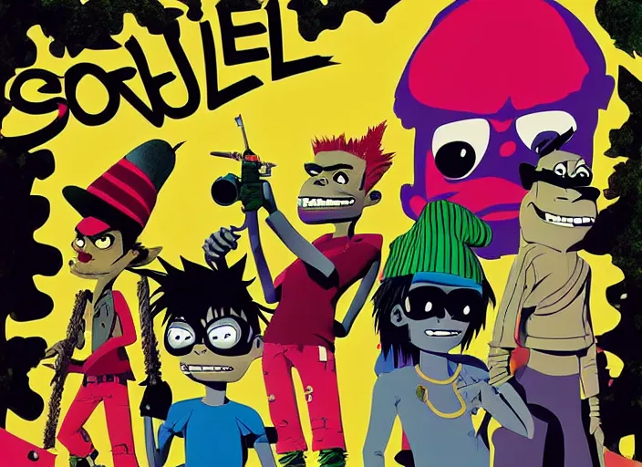 Prompt: gorillaz, official art by jamie hewlett, press shot, four characters in a line, gorillaz style