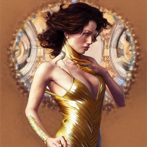 Image similar to Sandman with a gold suit, portrait, intricate, elegant, highly detailed, digital painting, artstation, concept art, smooth, sharp focus, illustration, art by artgerm and greg rutkowski and alphonse mucha