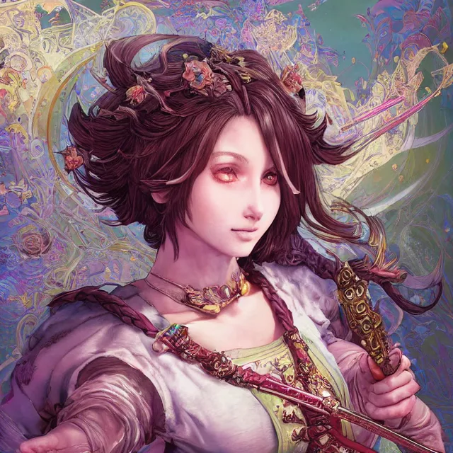 Image similar to the portrait of neutral good colorful female cleric bard as absurdly beautiful, gorgeous, elegant, skinny young gravure idol, an ultrafine hyperdetailed illustration by kim jung gi, irakli nadar, intricate linework, sharp focus, bright colors, octopath traveler, final fantasy, unreal engine 5 highly rendered, global illumination, radiant light, detailed and intricate environment