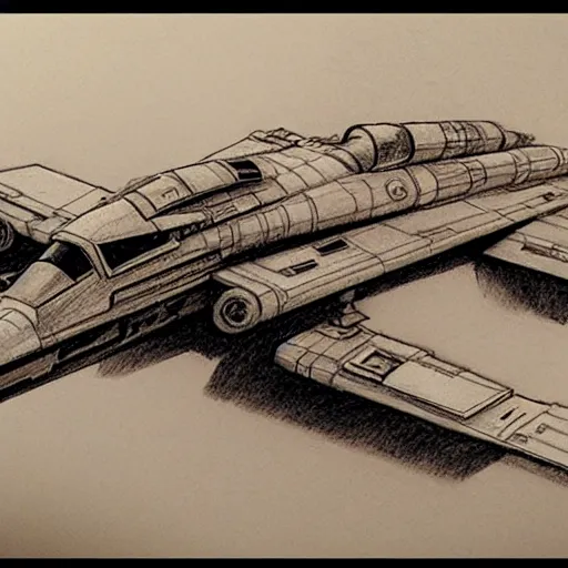 Image similar to X-Wing concept art sketch pencil paper Ralph McQuarrie