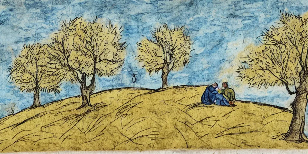 Image similar to a couple sits on a hill together as wind blows trees around, yellowed paper, pen and ink, 1 5 0 0 s, 8 k resolution