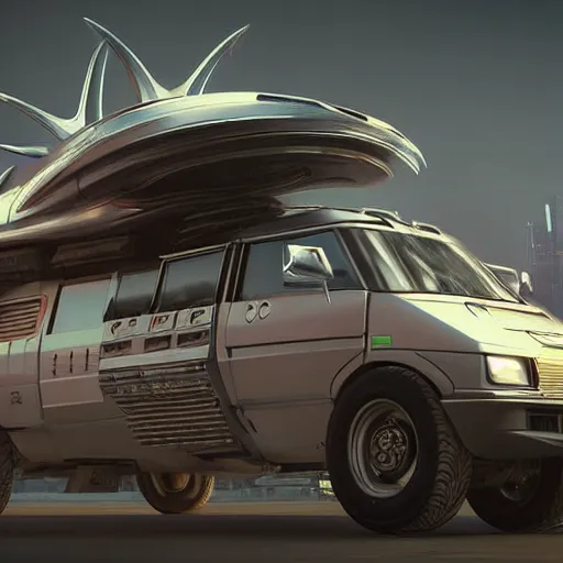 Prompt: cyberpunk alien concept of the a - team van with a pair of alien spaceship wings on the sides flying trough the sky, futuristic look, highly detailed body, very powerful, photorealistic camera shot, crisp quality and light reflections, unreal engine 5 quality render