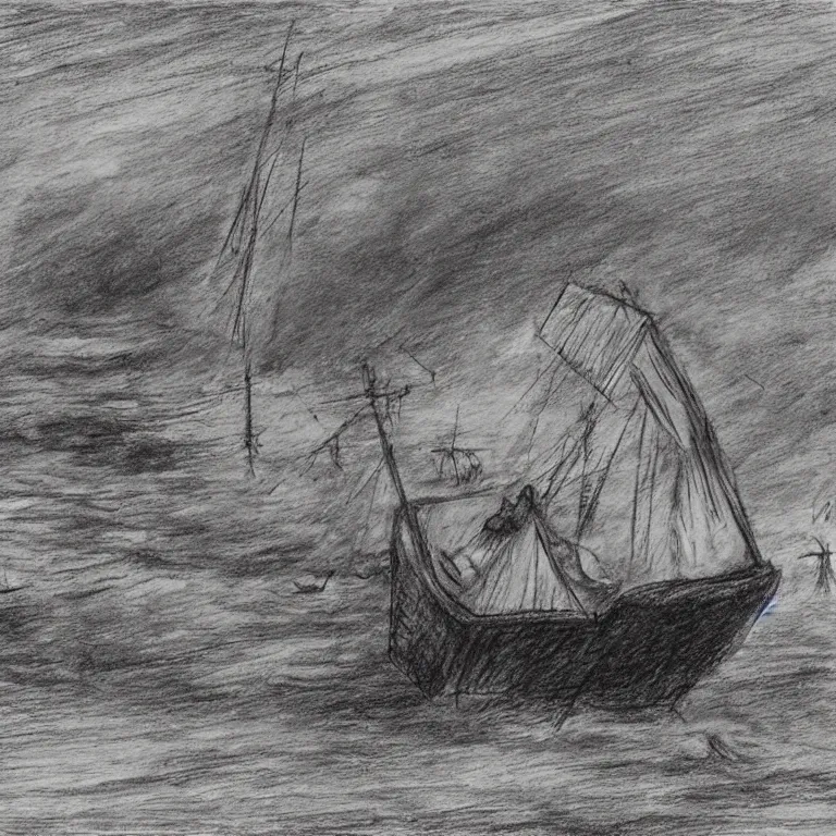 Image similar to the ship of theseus wrecked upon the night's plutonian shore, charcoal sketch by Edgar Allan Poe