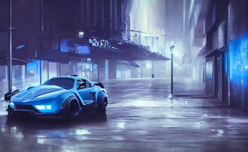 Prompt: One sport vehicle in the streets at night whit blue headlights on by Khyzyl Saleem , night time, stormy wheater, atmospheric, artstaion, concept art, sharp focus, high detail, octane render, cyberpunk