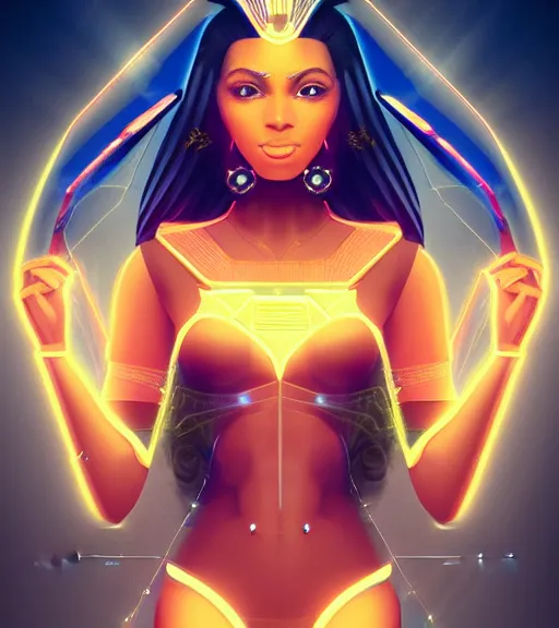 Image similar to symmetry!! egyptian princess of technology, solid cube of light, hard edges, product render retro - futuristic poster scifi, lasers and neon circuits, beautiful brown skin woman egyptian princess, intricate, elegant, highly detailed, digital painting, artstation, concept art, smooth, sharp focus, illustration, dreamlike, art by artgerm